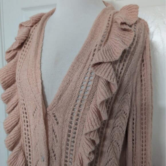 Cato Crochet Ruffle Cardigan Womens Size XL Baby Pink Long Sleeve Sweater - Picture 2 of 13